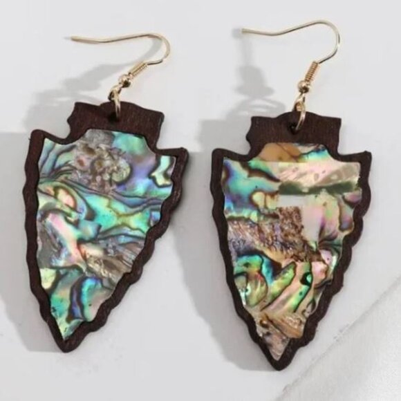 Wood & Abalone Shell Arrowhead Earrings - Picture 1 of 1